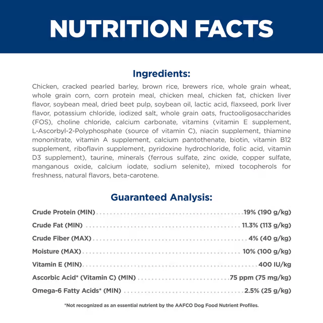 Hill's Science Diet Adult Chicken and Barley dog food ingredients and guaranteed nutritional analysis