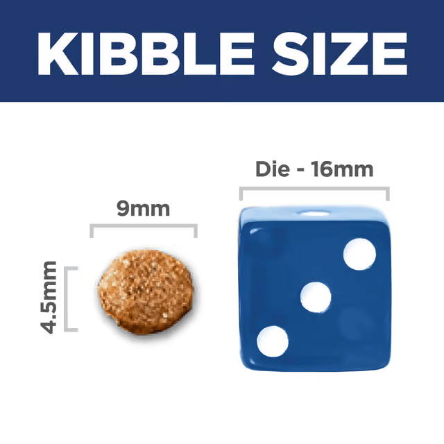 Hill's Sensitive Stomach and Skin Small Bites kibble measuring 9mm wide and 4.5mm thick