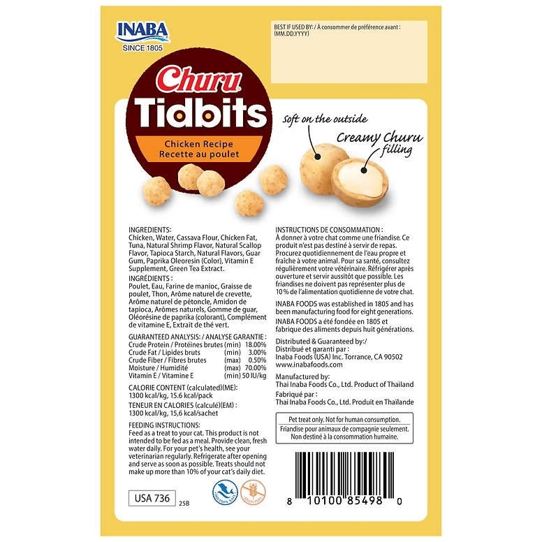 Inaba Churu Cat treat Tidbits chicken recipe back label showing ingredients, guaranteed analysis and feeding instructions
