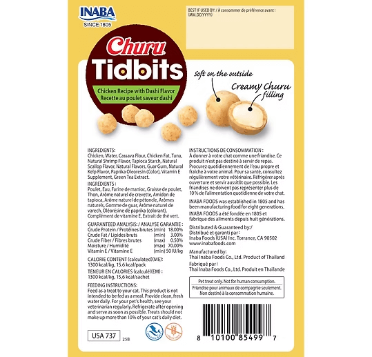 Inaba Churu Cat treat Tidbits chicken with dashi flavour back label showing ingredients, guaranteed analysis and feeding instructions

