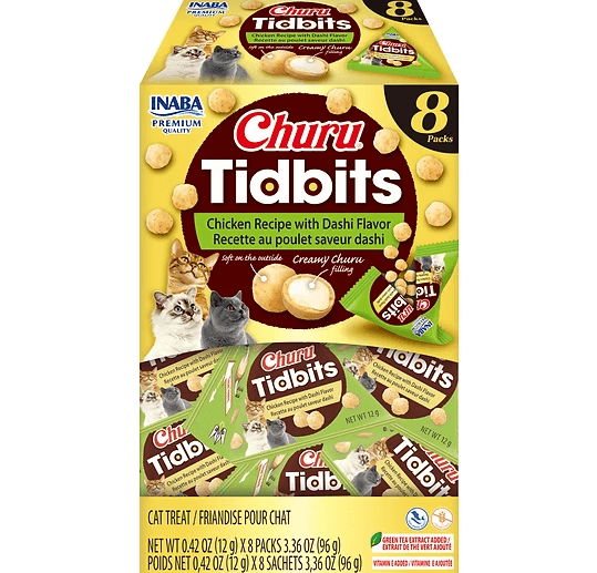 Inaba Churu Cat treat Tidbits chicken with dashi flavour creamy cat treats 96g pack with soft outside and creamy filling
