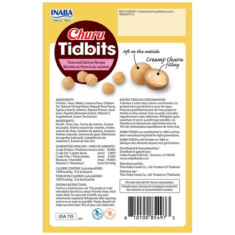 Inaba Churu Cat treat Tidbits tuna and salmon recipe back label showing ingredients, guaranteed analysis and feeding instructions
