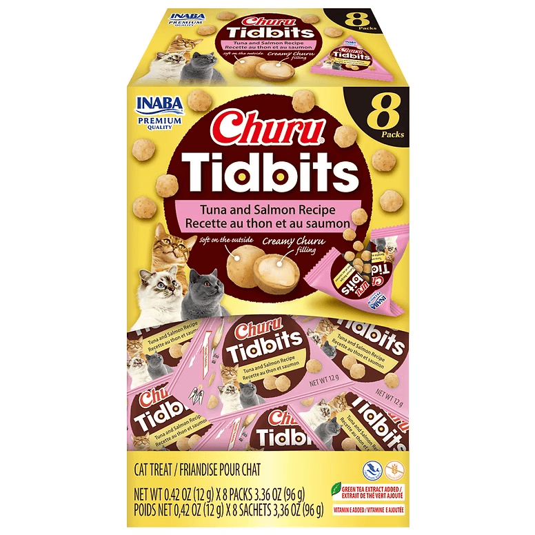 Inaba Churu Cat treat Tidbits tuna and salmon creamy cat treats 96g pack with soft outside and creamy filling
