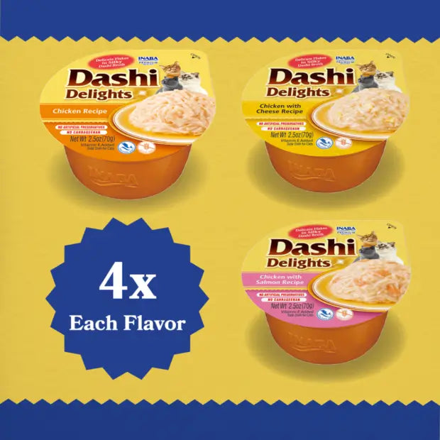 Three different flavours containers of Dashi Delights cat food on a yellow and blue background