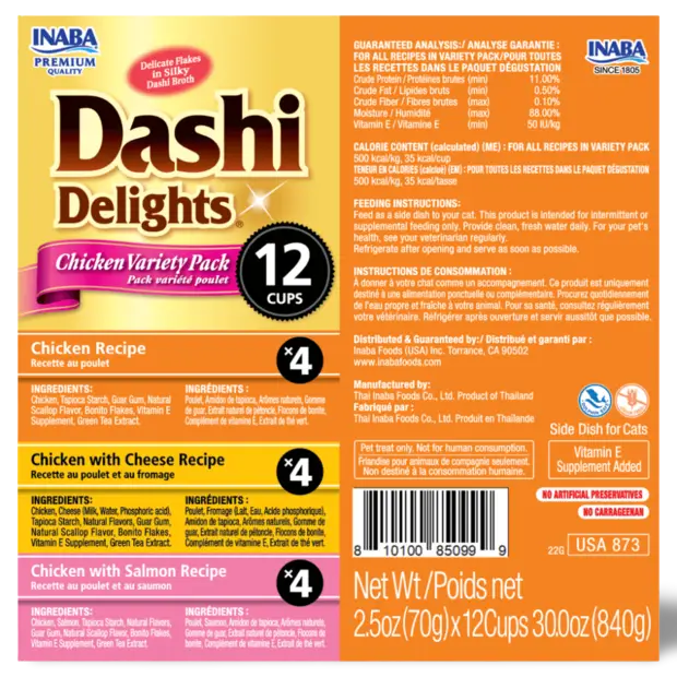 Inaba Dashi Delights cat food package with various recipes and information on a colorful background