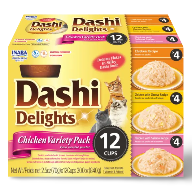 Box of Dashi Delights Chicken Variety Pack for cats with images of cats and food on a white background.