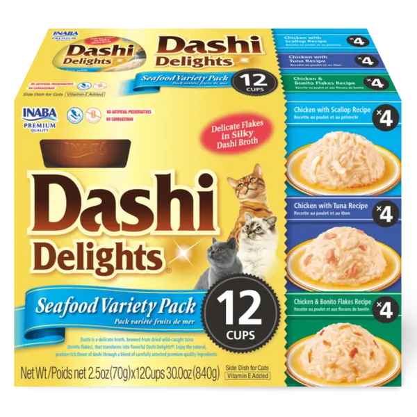 Box of 12 cups Dashi Delights Seafood Variety Pack for cats with images of cats and food.