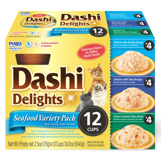 Box of 12 cups Dashi Delights Seafood Variety Pack for cats with images of cats and food.