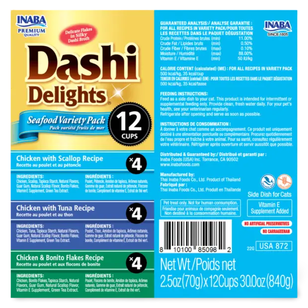 Inaba Dashi Delights Seafood Variety Pack 12 cups label with product details and branding.