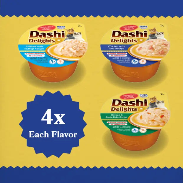 Three different packages of flavours Dashi Delights on a yellow background with a blue border.