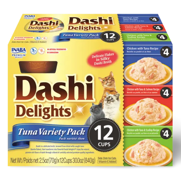 Box of Dashi Delights tuna variety pack for cats with images of cats and food.