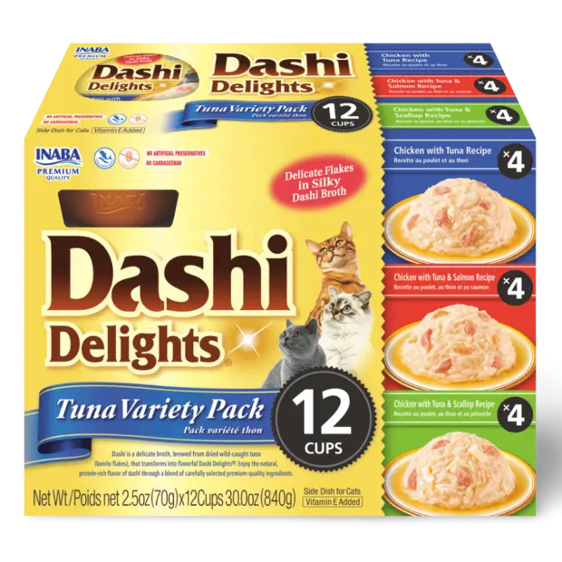 Box of Dashi Delights tuna variety pack for cats with images of cats and food.