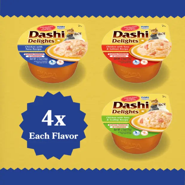 Three different flavours of containers of Dashi Delights on a yellow background with a blue border.
