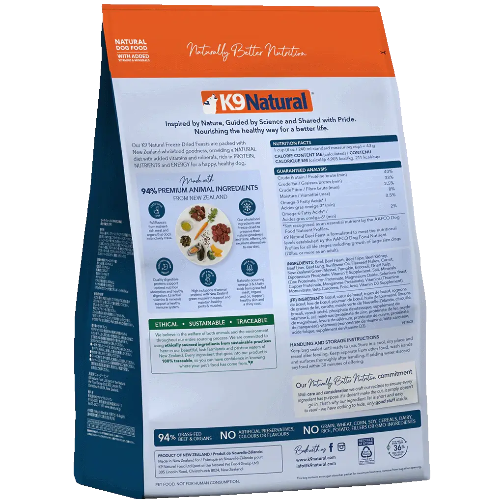 k9 natural single protein freeze dried dog food 3.6kg information back of packaging