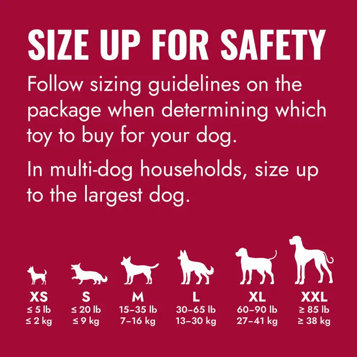 KONG Classic dog toy size guide showing XS, S, M, L, XL and XXL sizes with recommended dog weight ranges in kilograms.