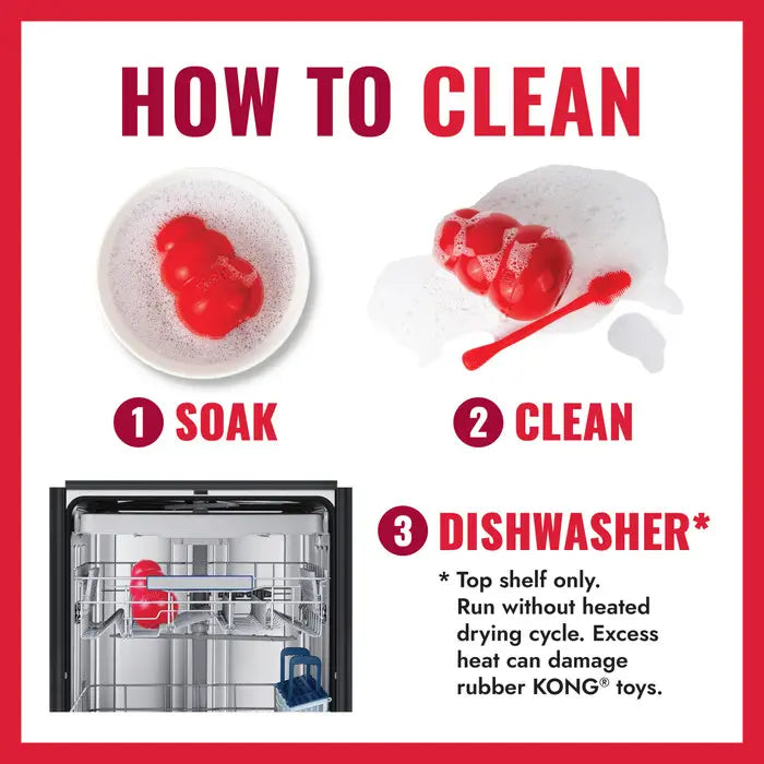 How to clean a KONG Classic rubber dog toy by soaking, scrubbing and placing it on the dishwasher top rack without heated drying.