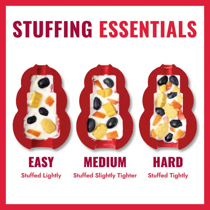 KONG Classic treat-stuffing guide comparing easy, medium and hard filling levels to create different enrichment challenges for dogs.