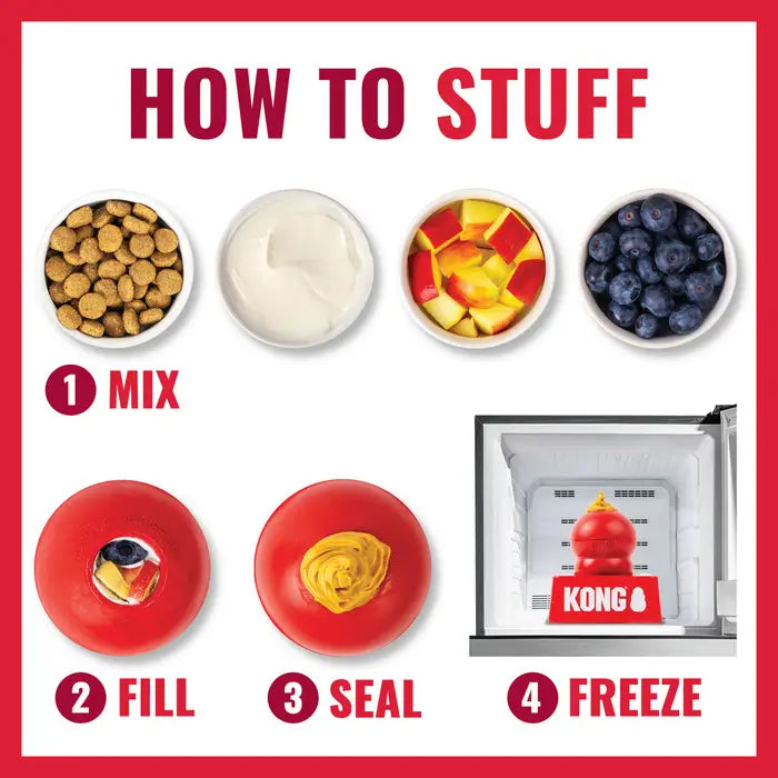 Step-by-step guide to stuffing a KONG Classic dog toy with kibble, yoghurt, fruit and treats before freezing for enrichment play.