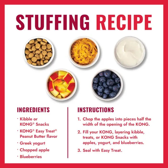 KONG Classic dog toy stuffing recipe using kibble, KONG Easy Treat, Greek yoghurt, chopped apple and blueberries