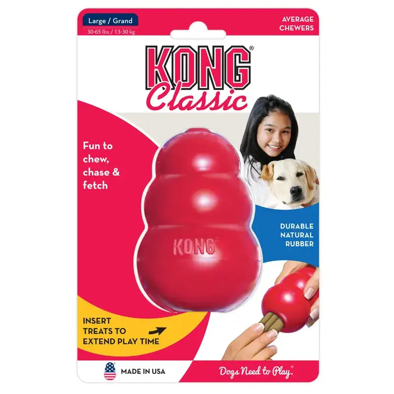 KONG Classic Red Rubber Dog Chew Toy Large in retail packaging, suitable for average chewers weighing 13–30 kg.