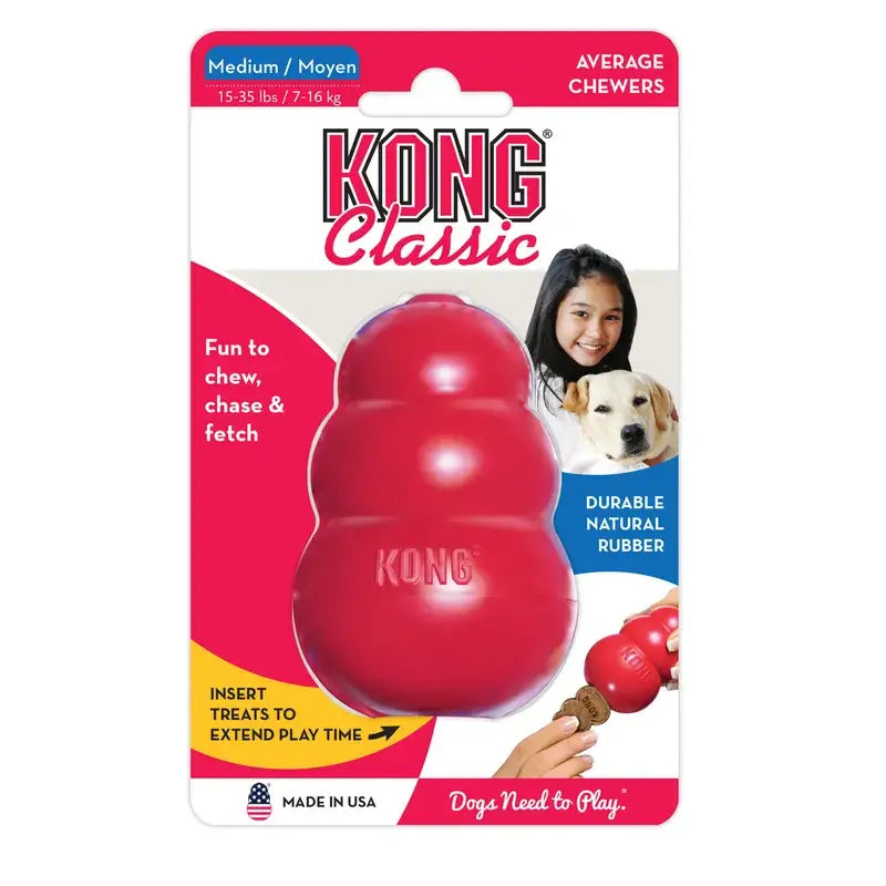 KONG Classic Red Rubber Dog Chew Toy Medium in retail packaging, suitable for average chewers weighing 7–16 kg.