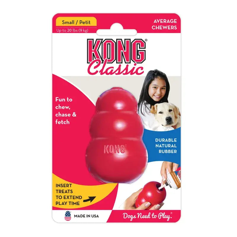 KONG Classic Red Rubber Dog Chew Toy Small in original packaging, designed for average chewers weighing up to 9 kg.