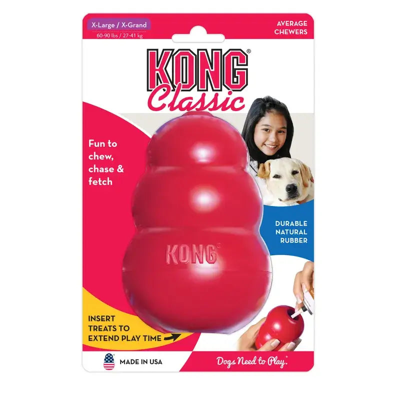 KONG Classic Red Rubber Dog Chew Toy XL in original packaging, designed for average chewers weighing 27–41 kg.