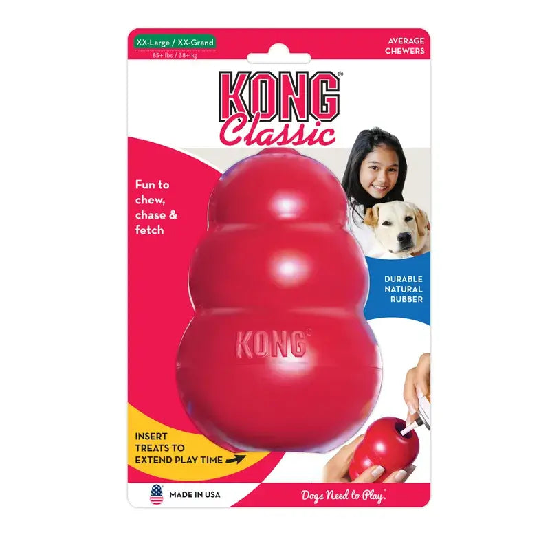 KONG Classic Red Rubber Dog Chew Toy XXL in original packaging, designed for average chewers weighing 38 kg and above.