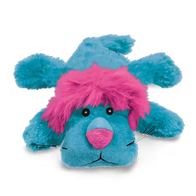 KONG Cozie soft plush dog toy featuring bright blue fur, pink fluffy hair, embroidered facial details and a playful animal design.