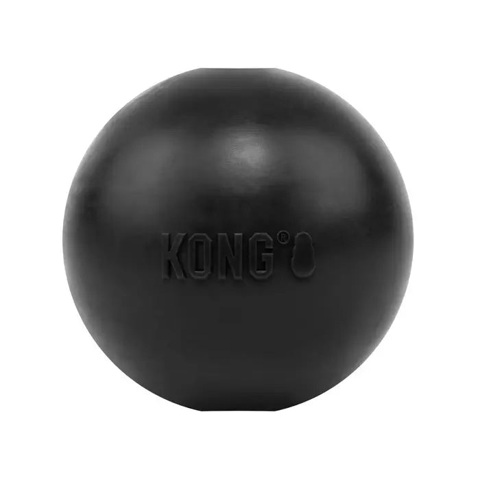 KONG Extreme Ball Dog Toy made from durable black natural rubber with KONG logo, designed for powerful chewers and interactive fetch games.