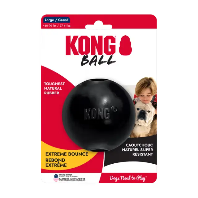 KONG Extreme Ball Large black natural rubber dog toy in original packaging, designed for powerful chewers and dogs weighing 27 to 41 kg.