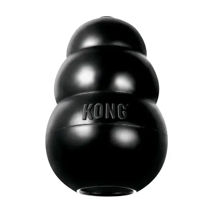 KONG Extreme Black Rubber Dog Toy with durable treat-stuffable design for powerful chewers on white background