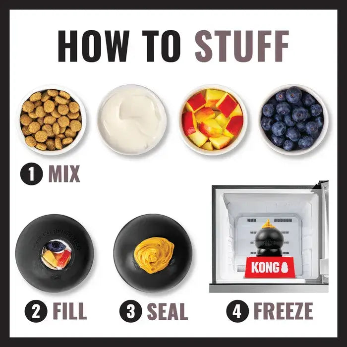 Step-by-step guide showing how to mix, fill, seal and freeze treats inside a KONG Extreme dog toy