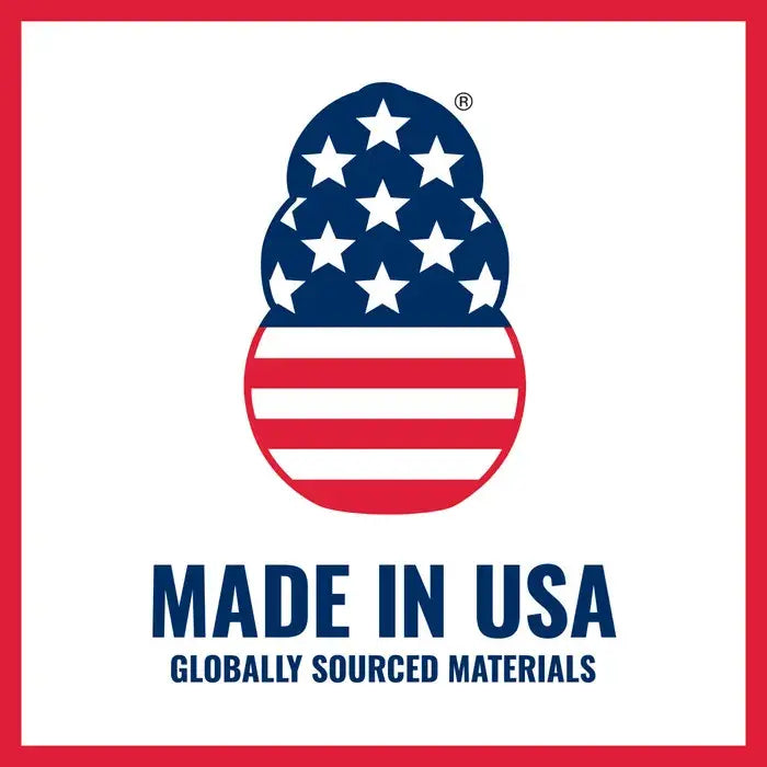 KONG dog toy Made in USA graphic featuring the American flag and globally sourced materials