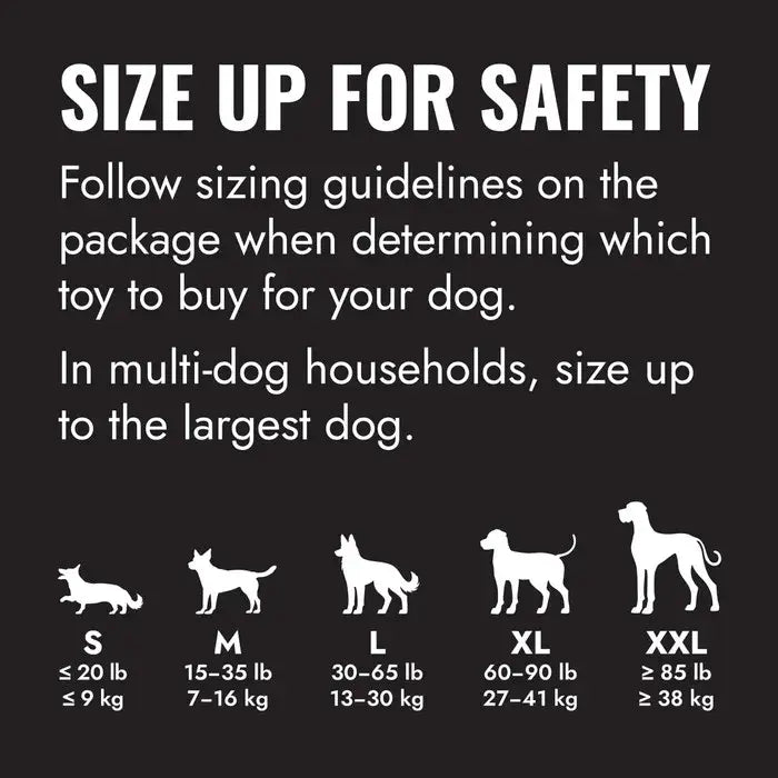 KONG dog toy size guide comparing Small, Medium, Large, XL and XXL sizes by dog weight