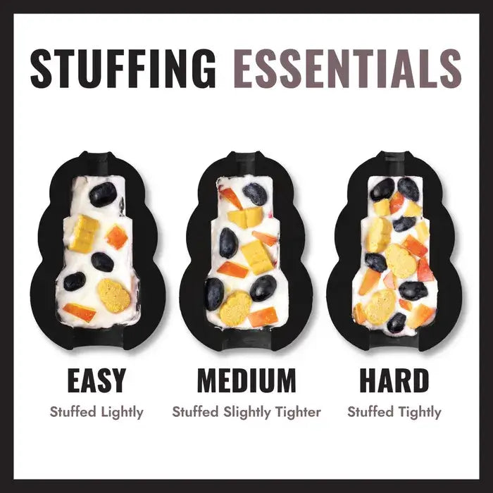 KONG dog toy stuffing guide showing easy, medium and hard filling levels for enrichment activities