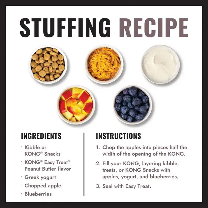 KONG dog toy stuffing recipe with kibble, peanut butter flavoured treat, Greek yoghurt, apple and blueberries