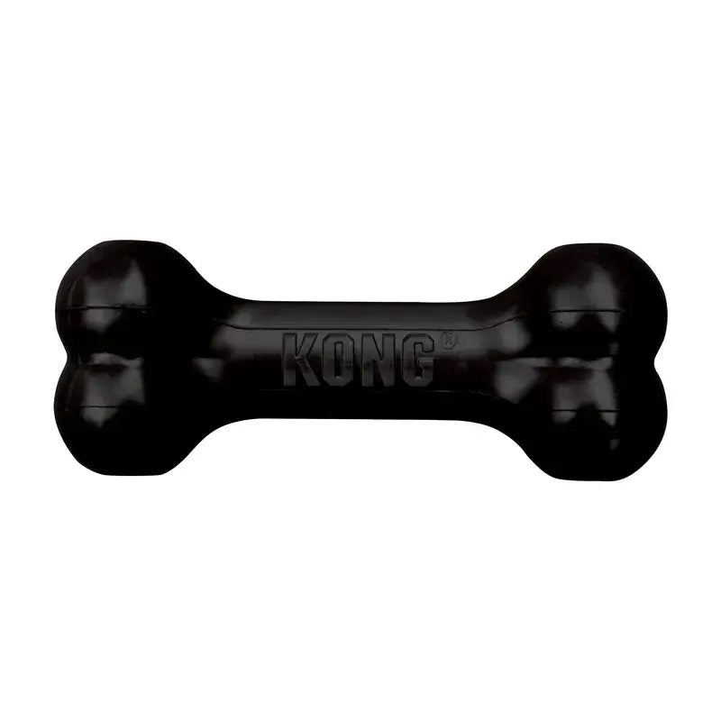 KONG Extreme Goodie Bone black rubber dog chew toy with treat-stuffable ends on a white background