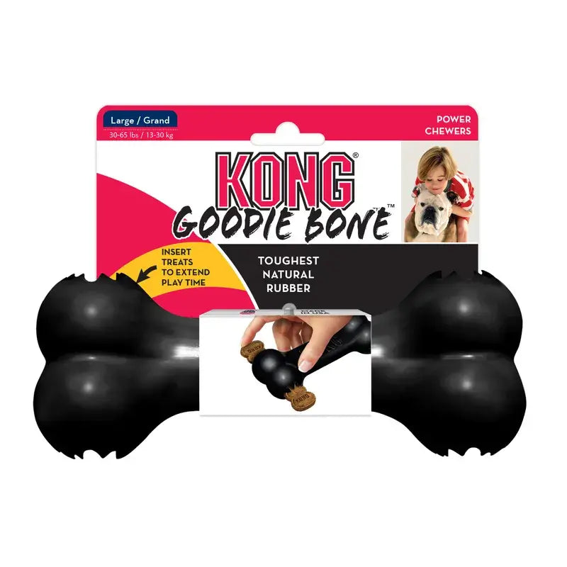KONG Extreme Goodie Bone Large black rubber treat dispensing dog toy in retail packaging for power chewers weighing 13–30kg
