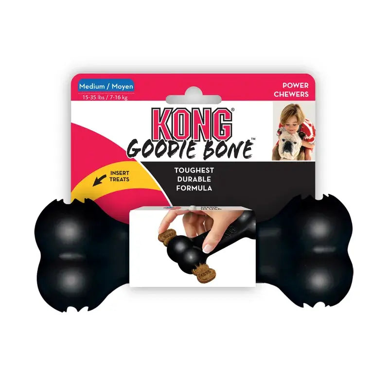 KONG Extreme Goodie Bone Medium black rubber treat dispensing dog toy in retail packaging for power chewers weighing 7–16kg