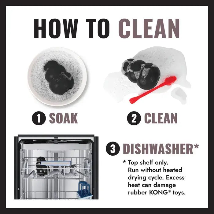 KONG rubber dog toy cleaning guide showing soaking, brushing and top-rack dishwasher cleaning