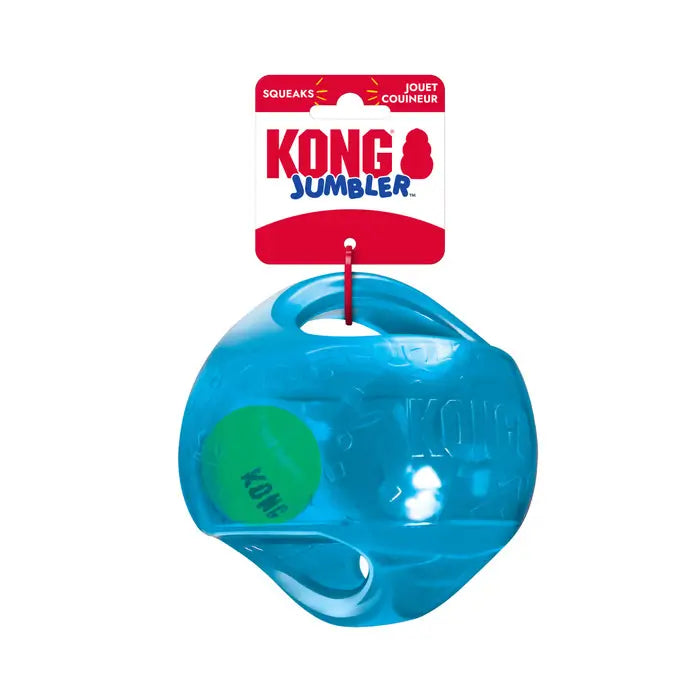 Blue KONG Jumbler Ball Dog Toy with original KONG packaging, built-in squeaker, internal tennis ball and two easy-grip handles.