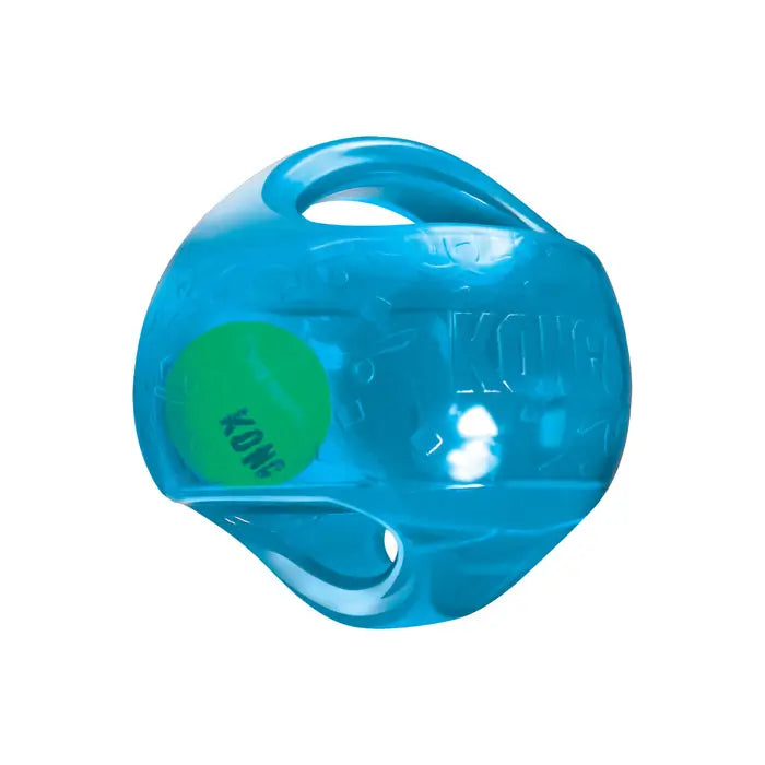 Blue KONG Jumbler Ball interactive dog toy with a green internal tennis ball, transparent shell and integrated handles for fetch games.