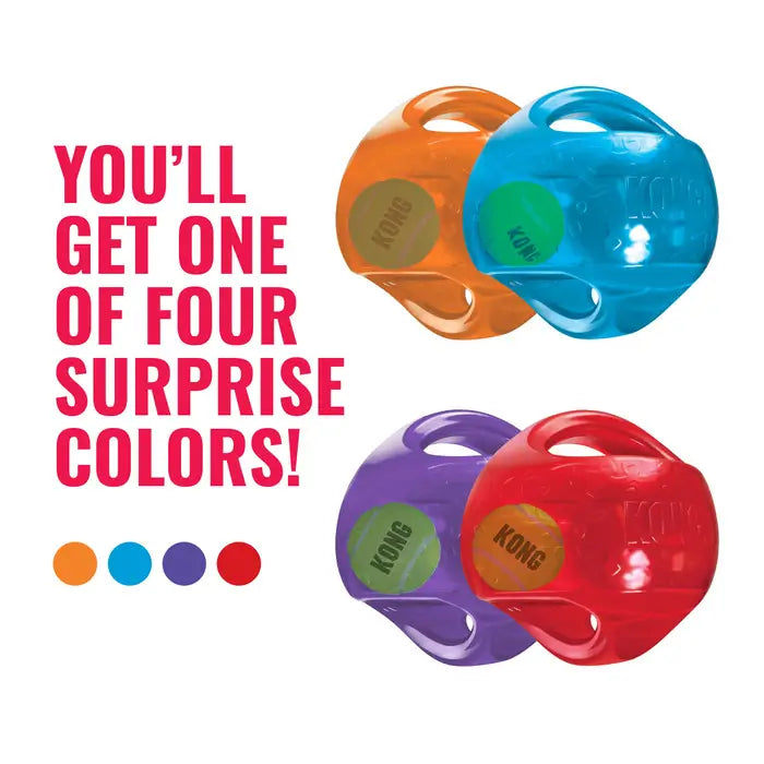 KONG Jumbler Ball Dog Toy shown in four assorted surprise colours including orange, blue, purple and red, with built-in tennis balls.