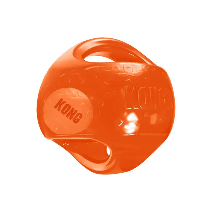 Orange KONG Jumbler Ball Dog Toy featuring a transparent outer shell, internal tennis ball and easy-grip handles for interactive play.