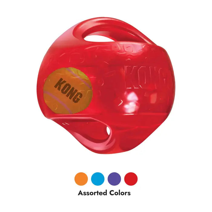 Red KONG Jumbler Ball Dog Toy with an orange internal tennis ball and easy-grip handles, available in four assorted colours.