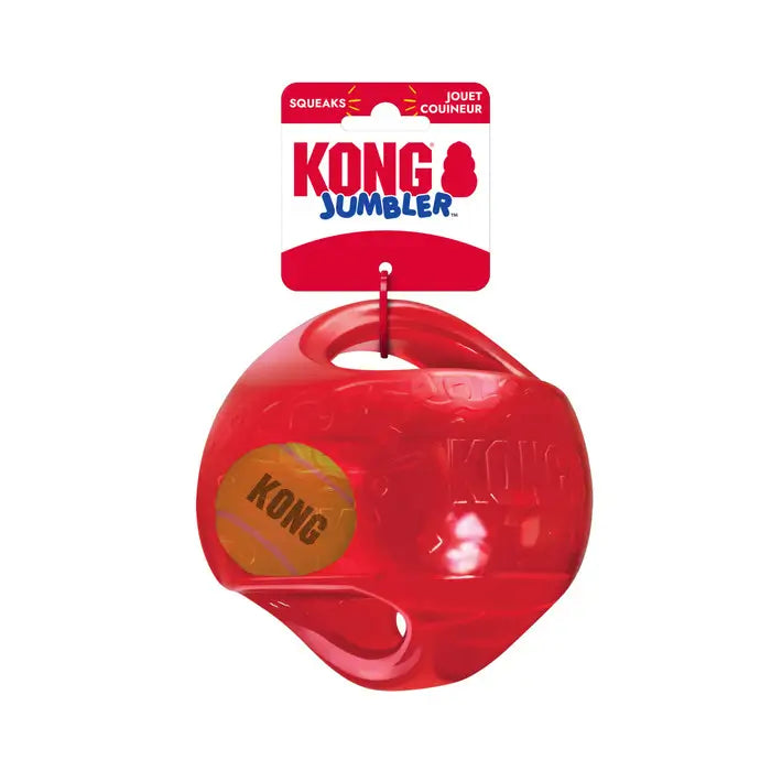 Red KONG Jumbler Ball Dog Toy with original branded packaging, internal squeaky tennis ball and easy-grip handles for active dogs.