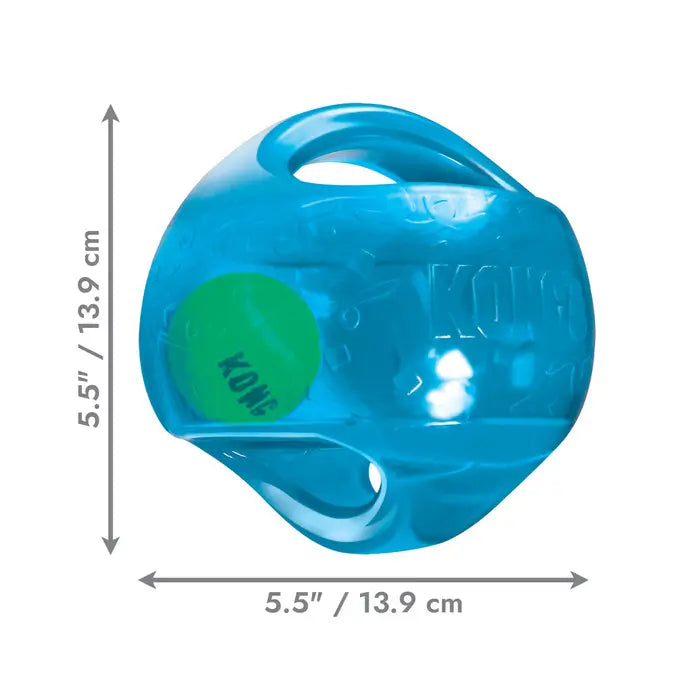 Blue KONG Jumbler Ball Dog Toy size guide showing dimensions of 13.9 cm by 13.9 cm, with built-in tennis ball and carrying handles.