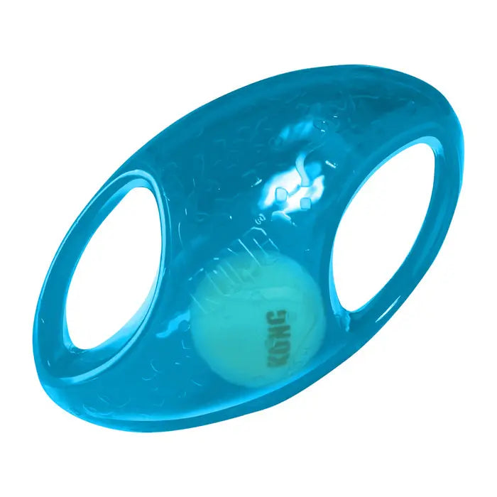 Blue KONG Jumbler Football interactive dog toy featuring a transparent outer shell, internal squeaky tennis ball and two easy-grip handles.