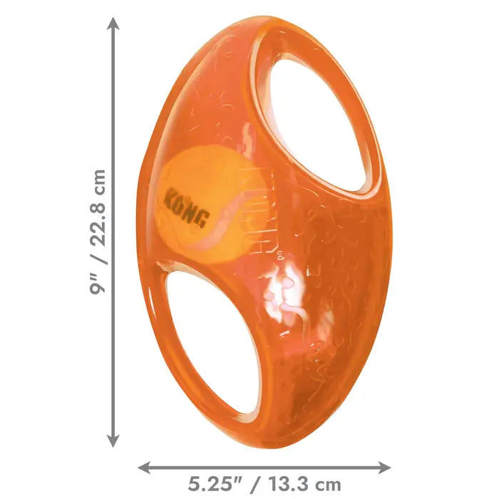 KONG Jumbler Football Dog Toy in orange showing dimensions of 22.8 cm long and 13.3 cm wide with built-in squeaky ball.